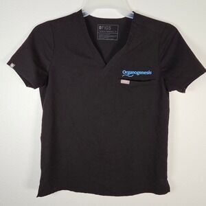 FIGS Black Embroidered Organogenesis Scrub Top Short Sleeve V Neck Size S